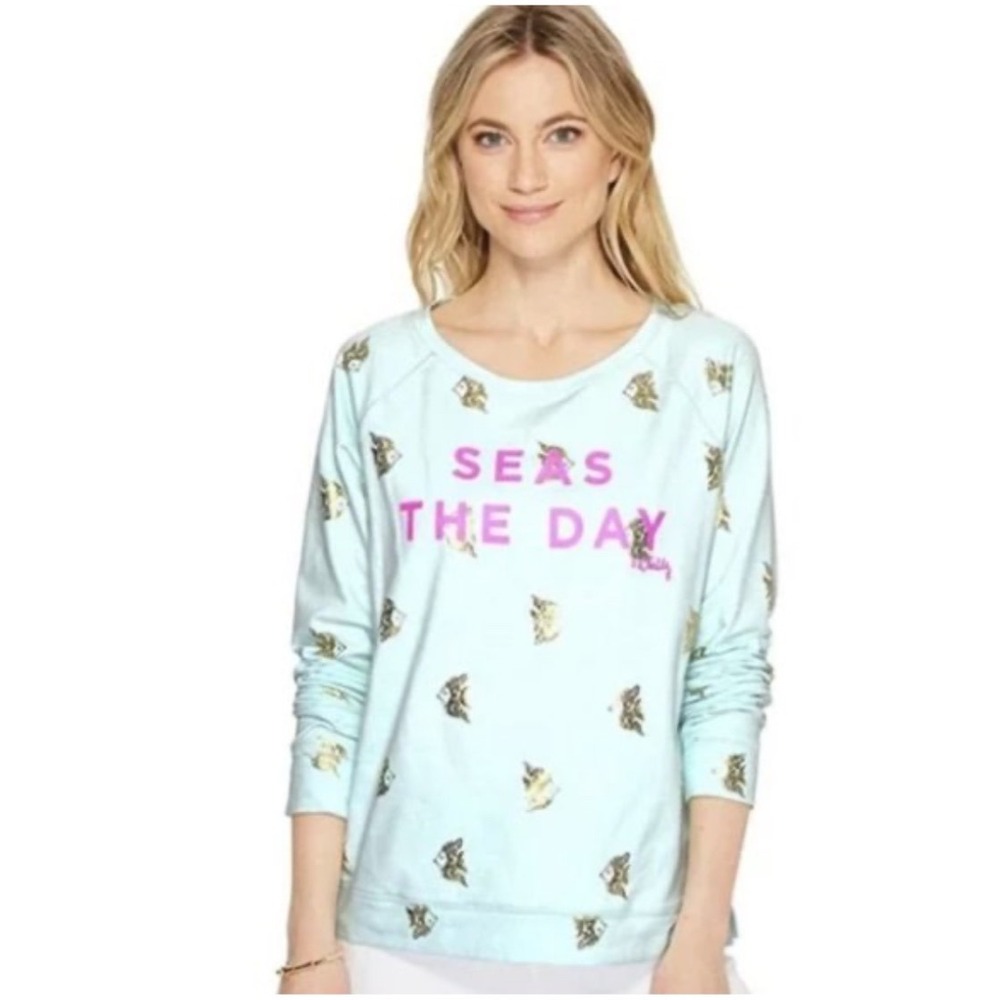 Lilly Pulitzer Seas The Day Blue Gold Fish Sweatshirt Style 27826 Womens Medium